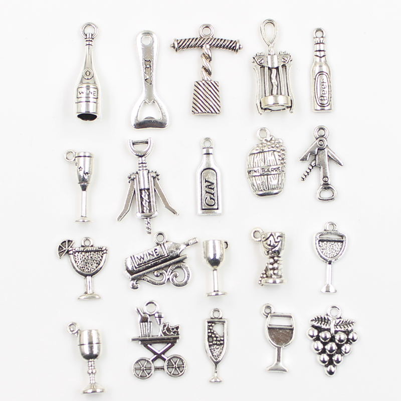 Wine Beer Photo - 30Pcs Charms เบียร์บาร์เรลไวน์องุ่นที่เปิดขวดแก้วโบราณเงินสีผสมจี้ DIY ทิเบตทำเครื่องประดับหัตถกรรม