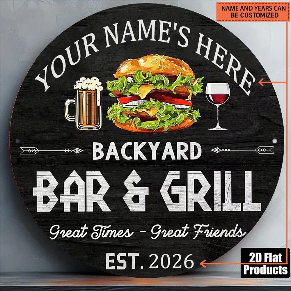 Wine Beer Name - [2D แบน] ป้ายโลหะทรงกลมสำหรับตกแต่งผนังภายนอกบ้าน 1 ชิ้น พร้อมชื่อที่กำหนดเอง