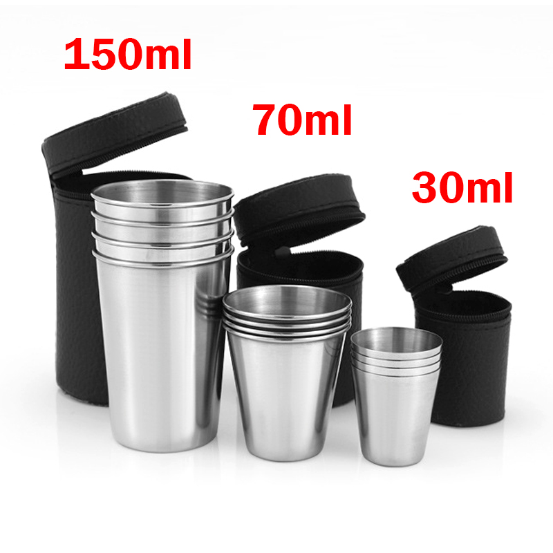 Beer Flight Set - 4 ชิ้น/เซ็ตกลางแจ้งสแตนเลสสตีลถ้วยน้ําพร้อมกรณีเดินป่าตั้งแคมป์ปิคนิคบาร์บีคิวถ้วยเบียร์ถ้วยกาแฟแบบพกพา Drinkware